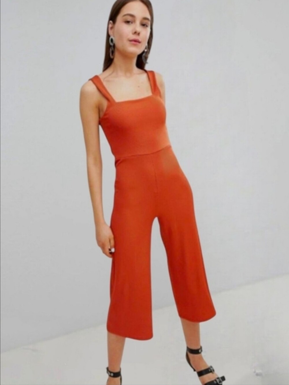 New Look Square Neck Ribbed Jumpsuit Coulotte Style Cropped Wide Leg